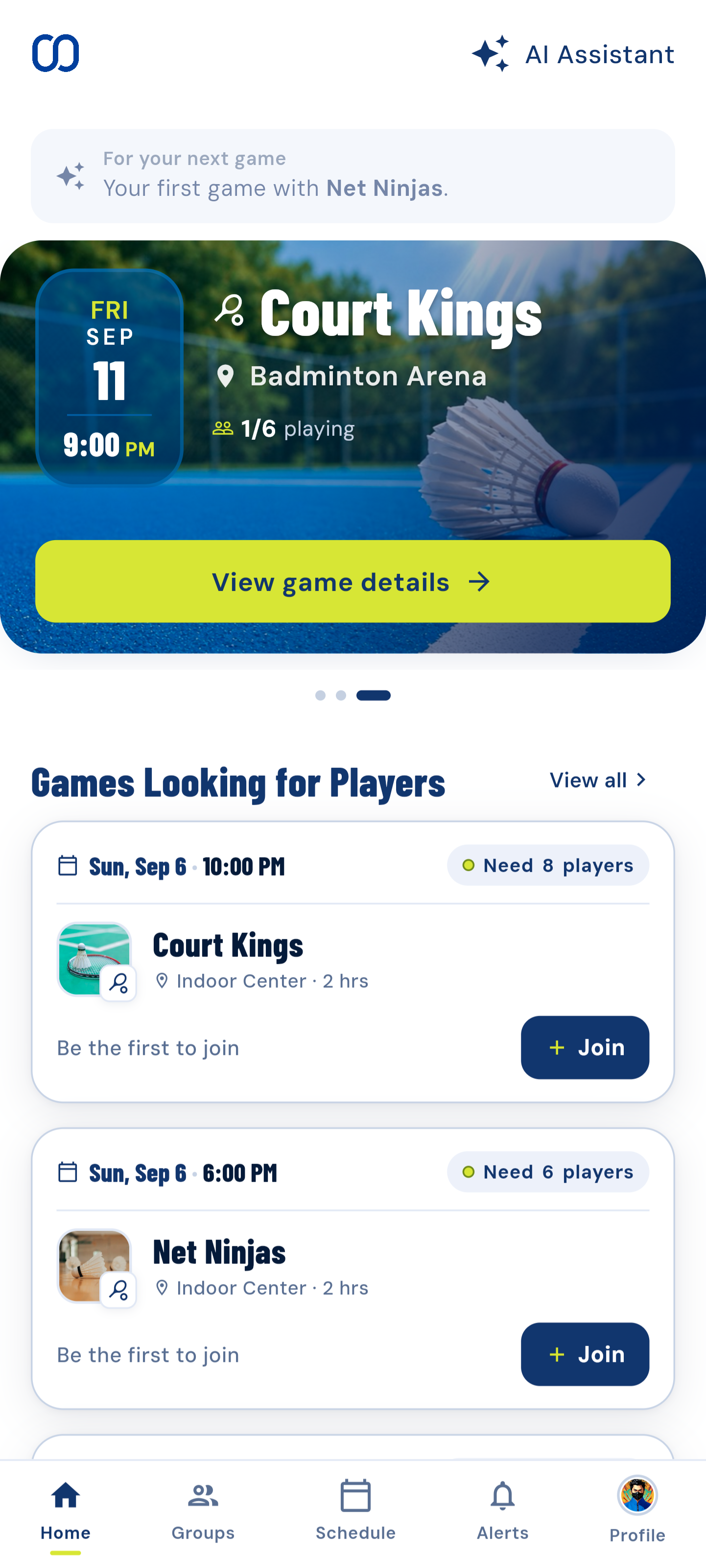 ZeroZero home screen: your next game, and games looking for players