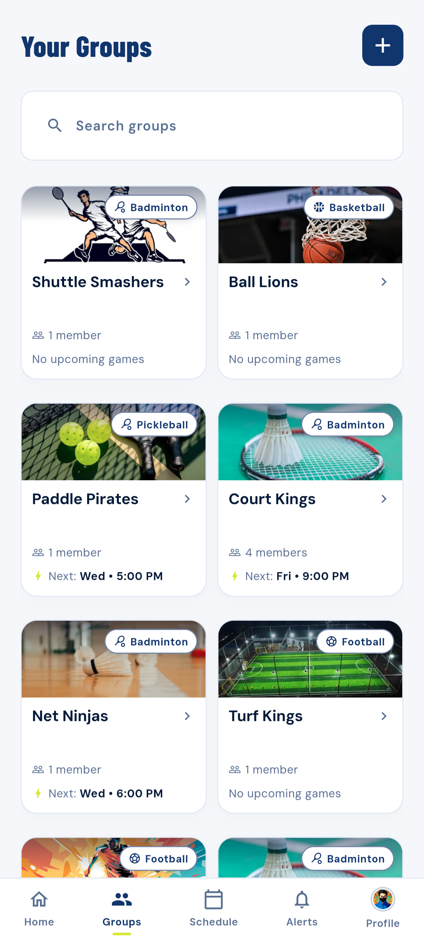 ZeroZero groups screen showing badminton, basketball, pickleball and football groups