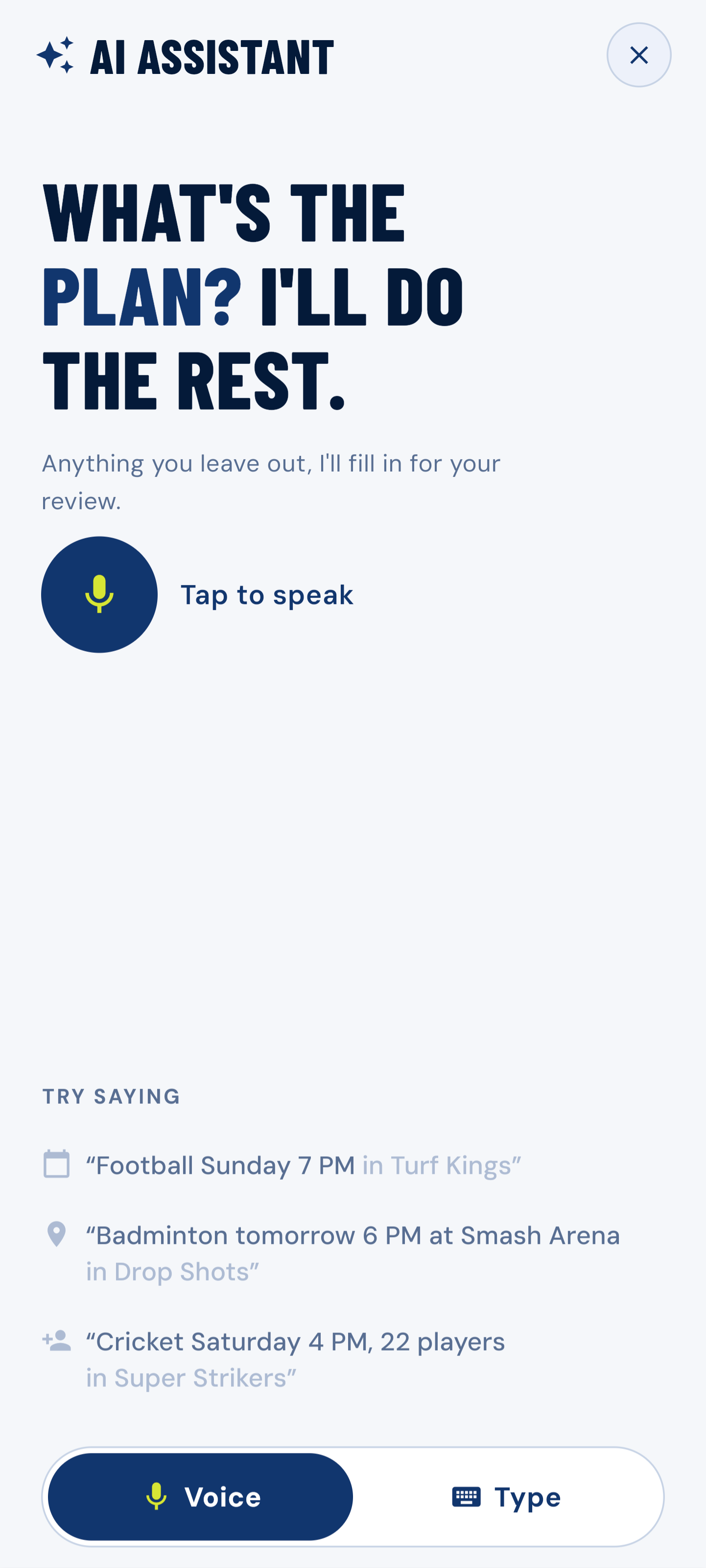 ZeroZero AI assistant screen with a tap-to-speak button and example phrases