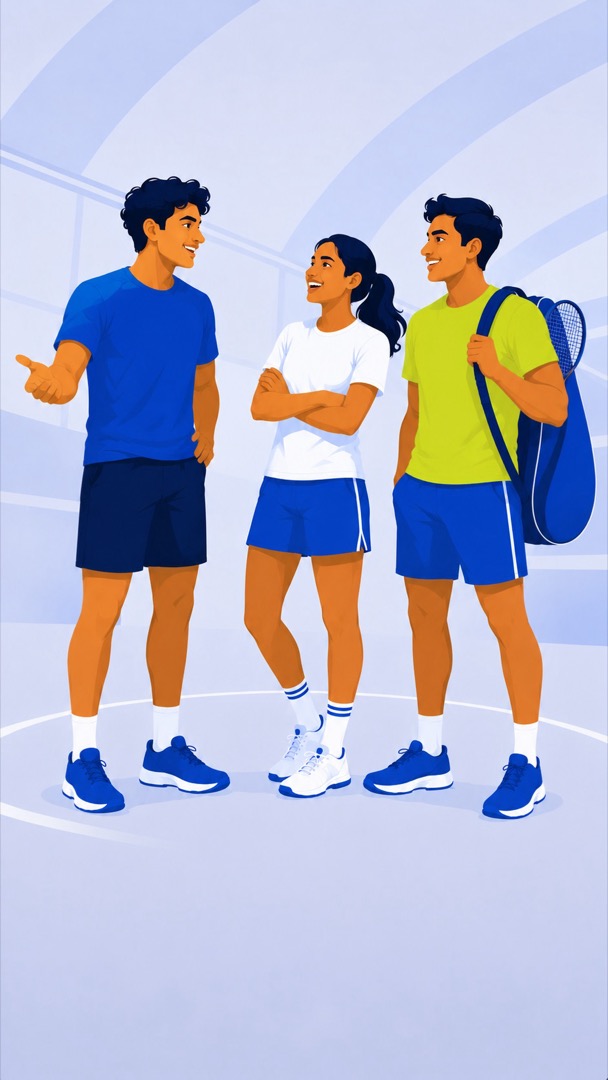 Three players in sports kit talking on a court