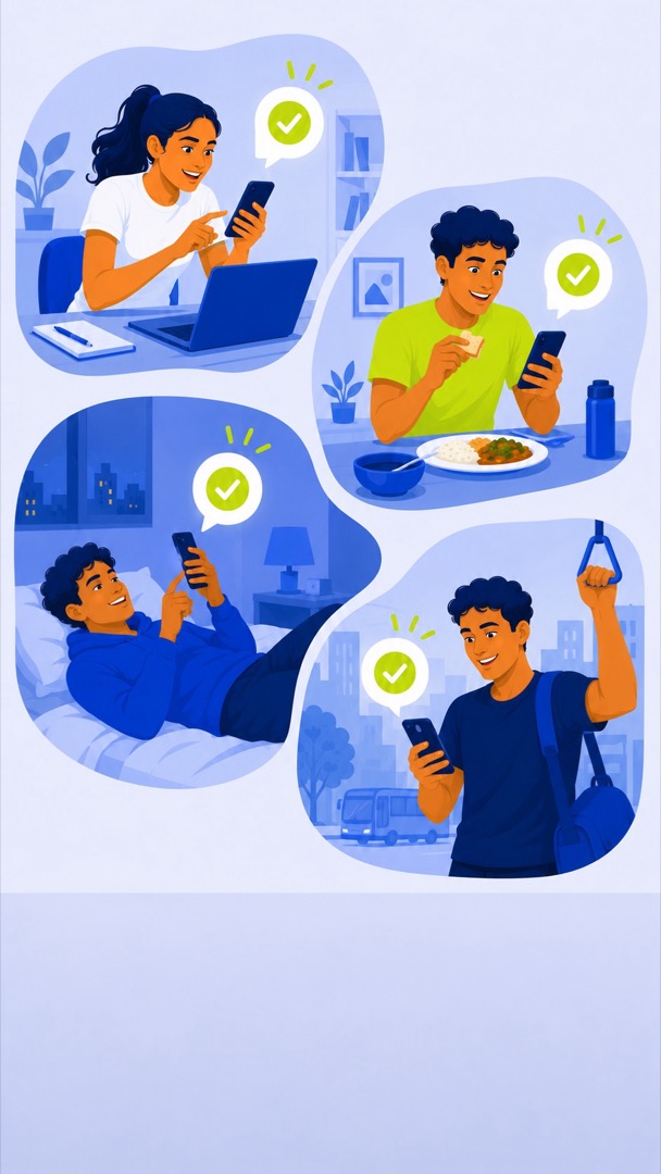 Four people in different places tapping join on their phones