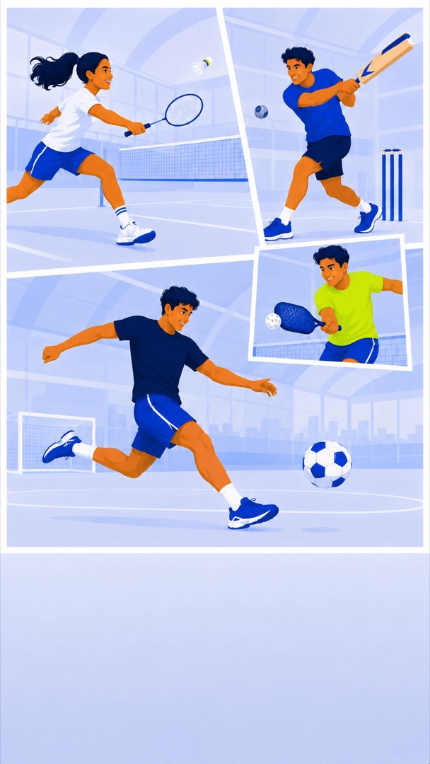 Players in action: badminton, cricket, pickleball and football